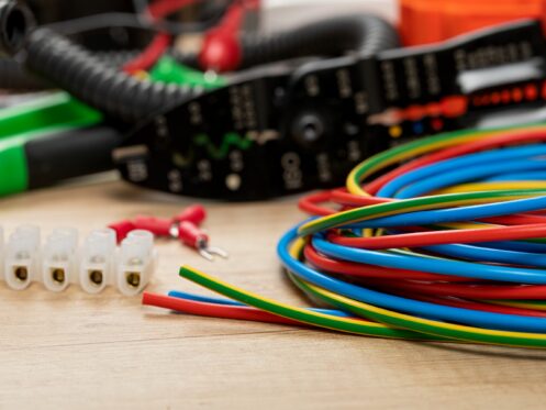 voltage testers, wire strippers, pliers, cables,